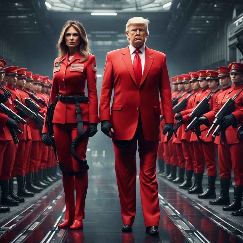 Handsome heroic young Donald Trump standing back to back with a attractive  athletic young Melania Trump, both dressed in red military unifor... - AI  Generated Artwork - NightCafe Creator