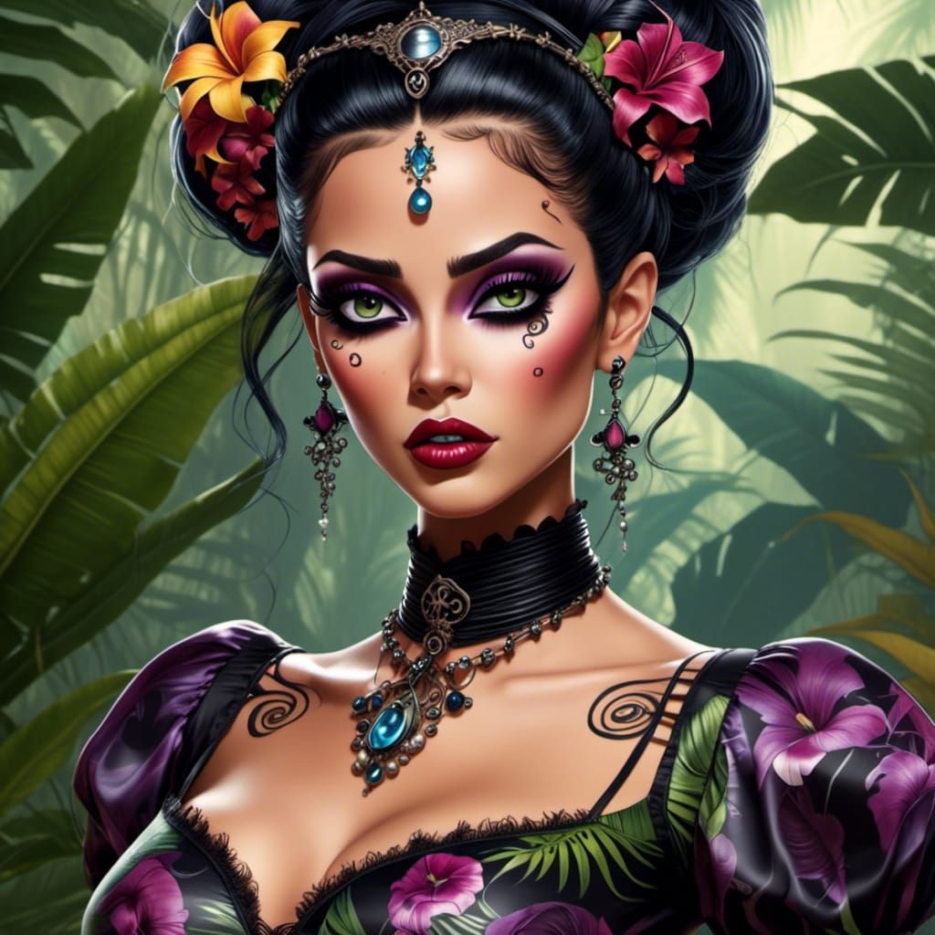  <lora:TropicalPunk:1.0>Gothic gorgeous Tropical Princess, sharp focus, cinematic quality, gothic plaguepunk style 