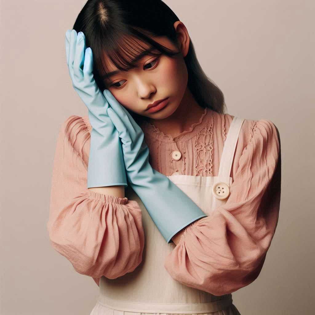 A 25 year old Japanese woman with sad but stoic facial expre...