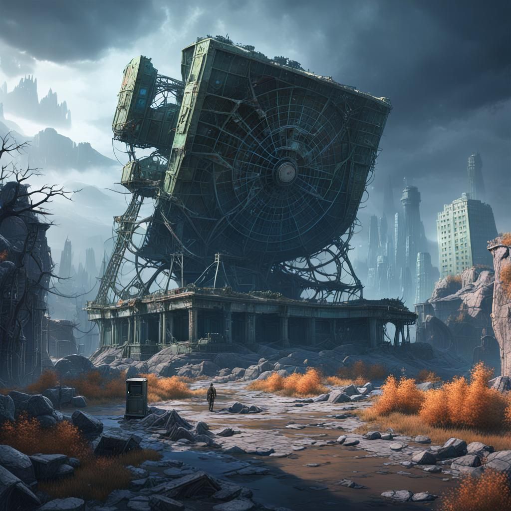 Decayed giant radar in the haunted ruins of an abandoned cit...