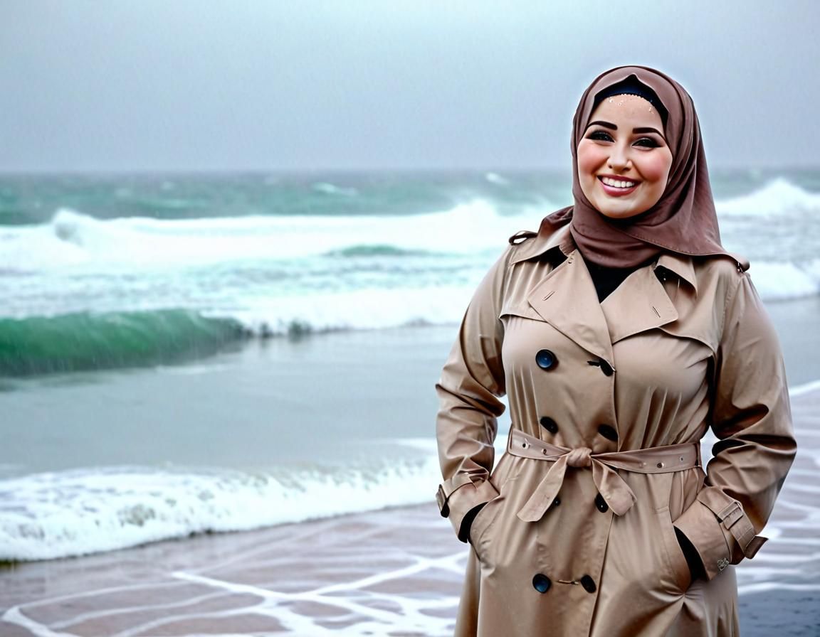 Middle Eastern Woman Stands Under Rainy Ocean Storm in Water...