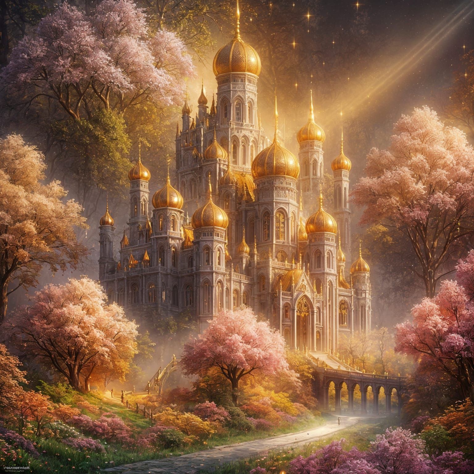 Whimsical Castle in Mystical Grove: Digital Oil Painting