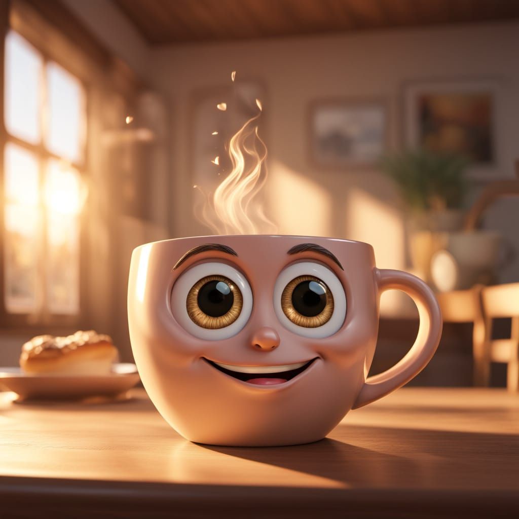 a cute smiling coffee mug with big expressive eyes, sitting on a cozy wooden breakfast table, warm sunrise ...  by @Tiger princess 