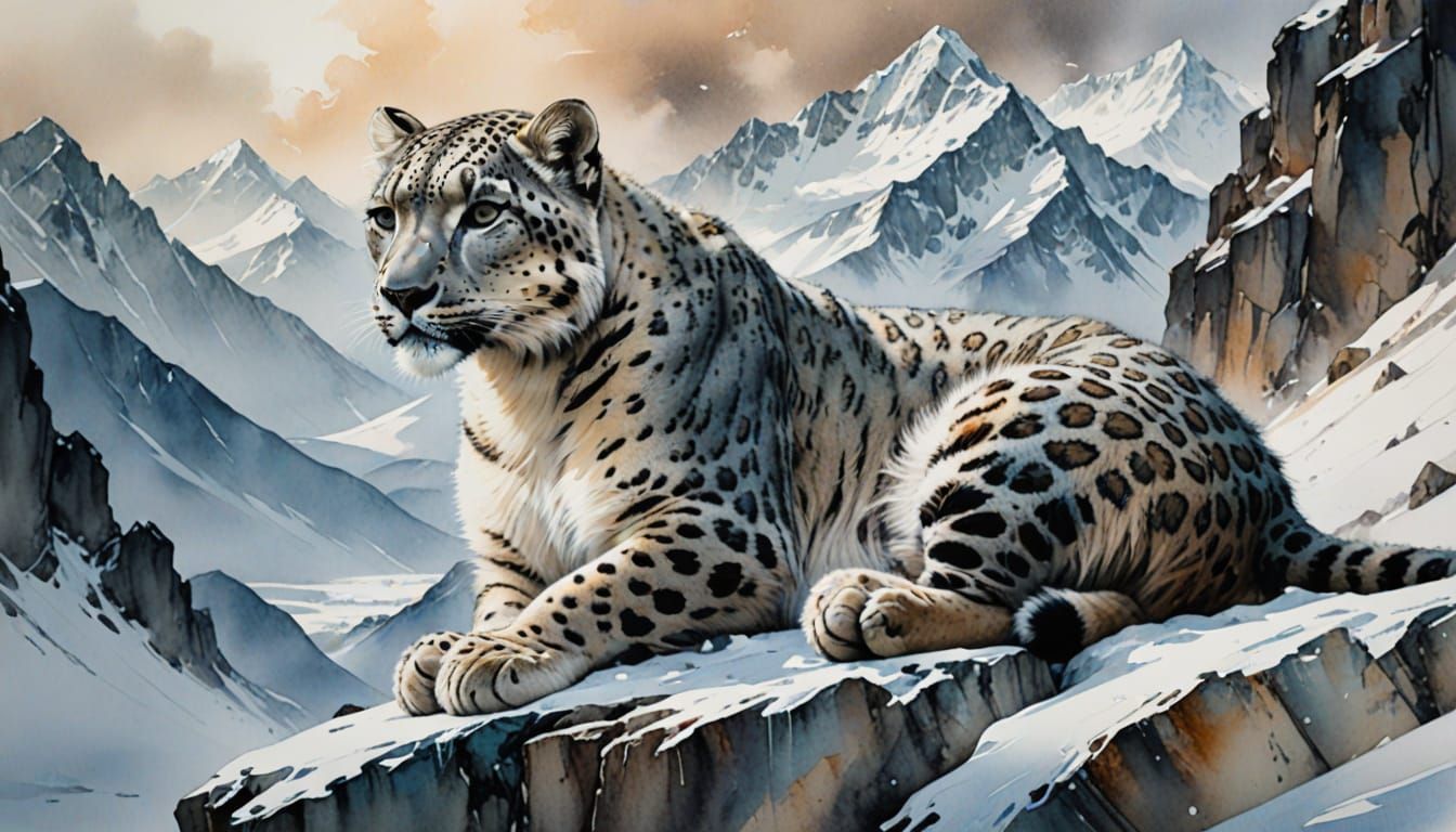 A snow leopard rests on a rocky ledge high above icy peaks,
This artwork harmoniously blends Willem Haenraets style with the delicate, expre...