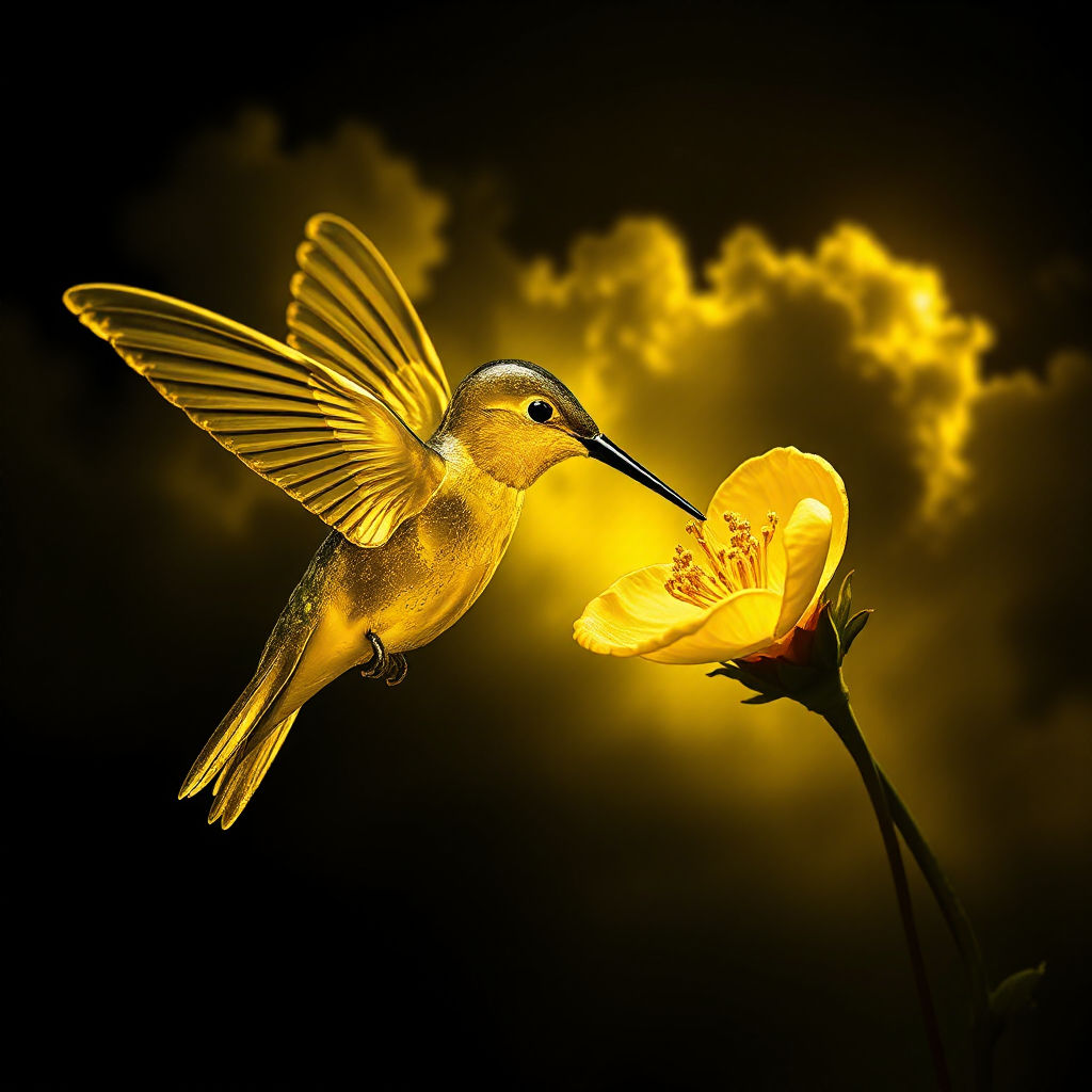 Hummingbird made of glass drinking from a flower 
black and yellow