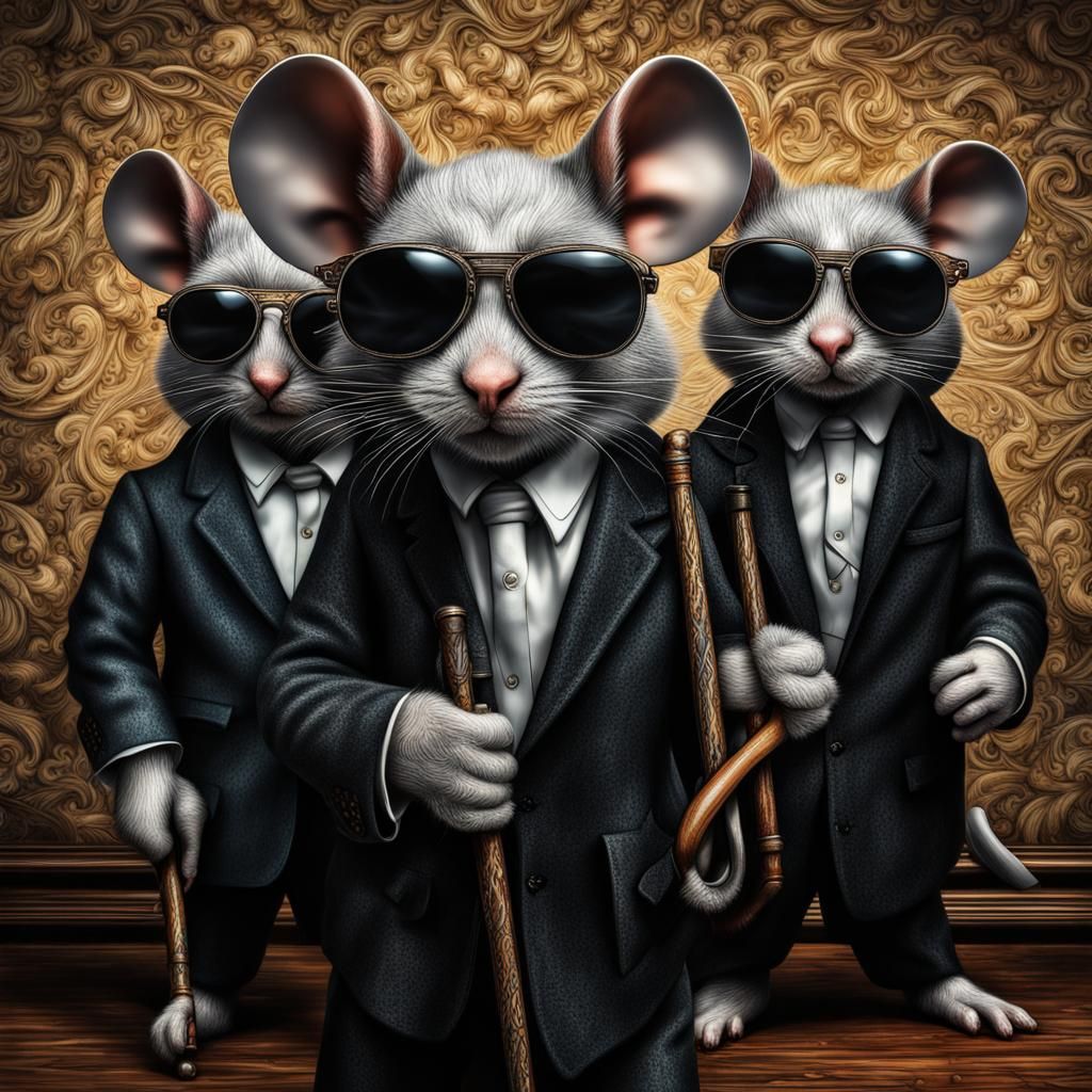 3 blind mice, canes, dark glasses, intricate details, beautifully shot ...