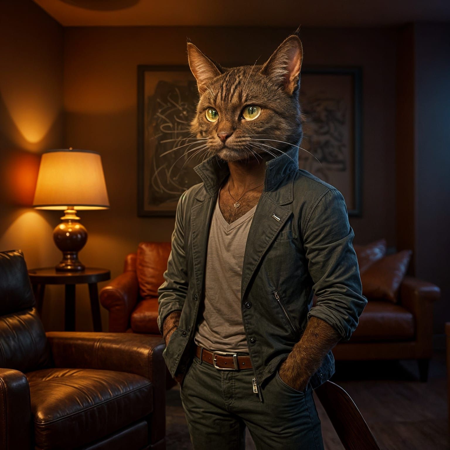 A confident, stylish anthropomorphic tomcat with modern anime aesthetic. Sleek build, casual-cool posture. Dark warm fur tones (think walnut...