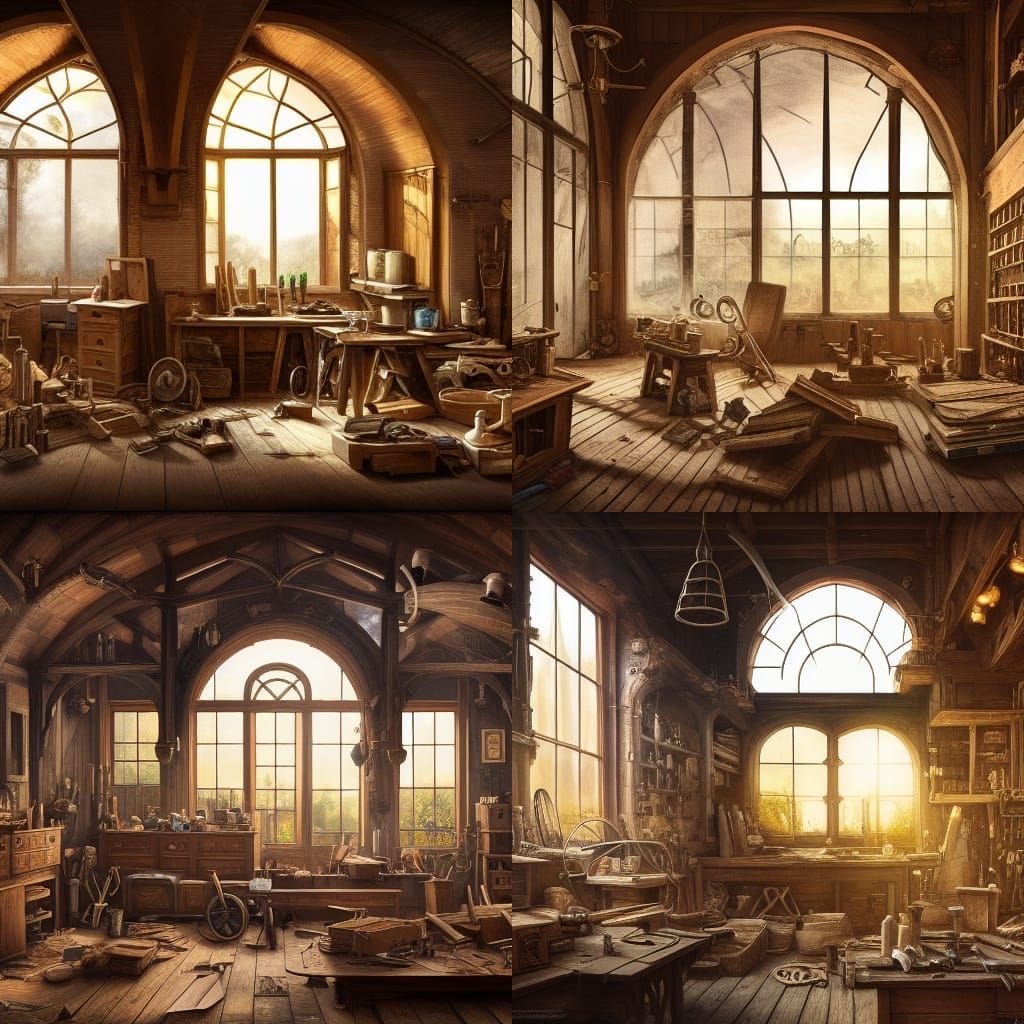 watch maker messy workshop with a large arch window at the e...