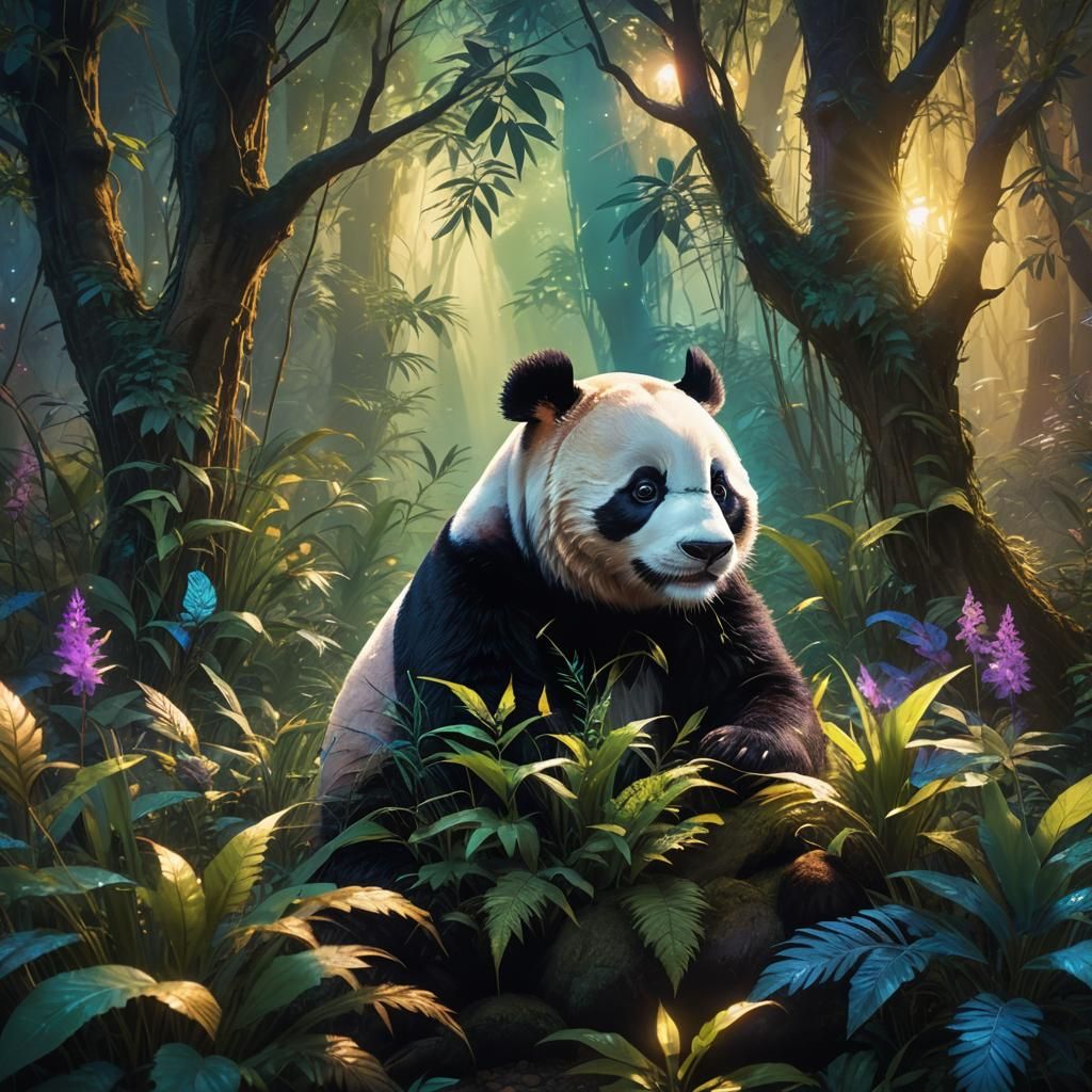 Mystical Panda in Iridescent Forest Concept Art