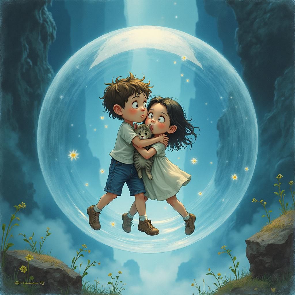 Children in Bubble Above Misty Landscape