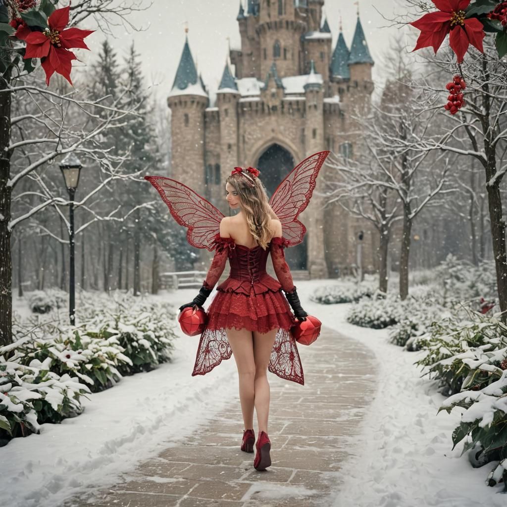 vintage grunge christmas fairy with wings walking on a winter snowy pathway wearing red lace dress and full gloves with winter colors of poi...