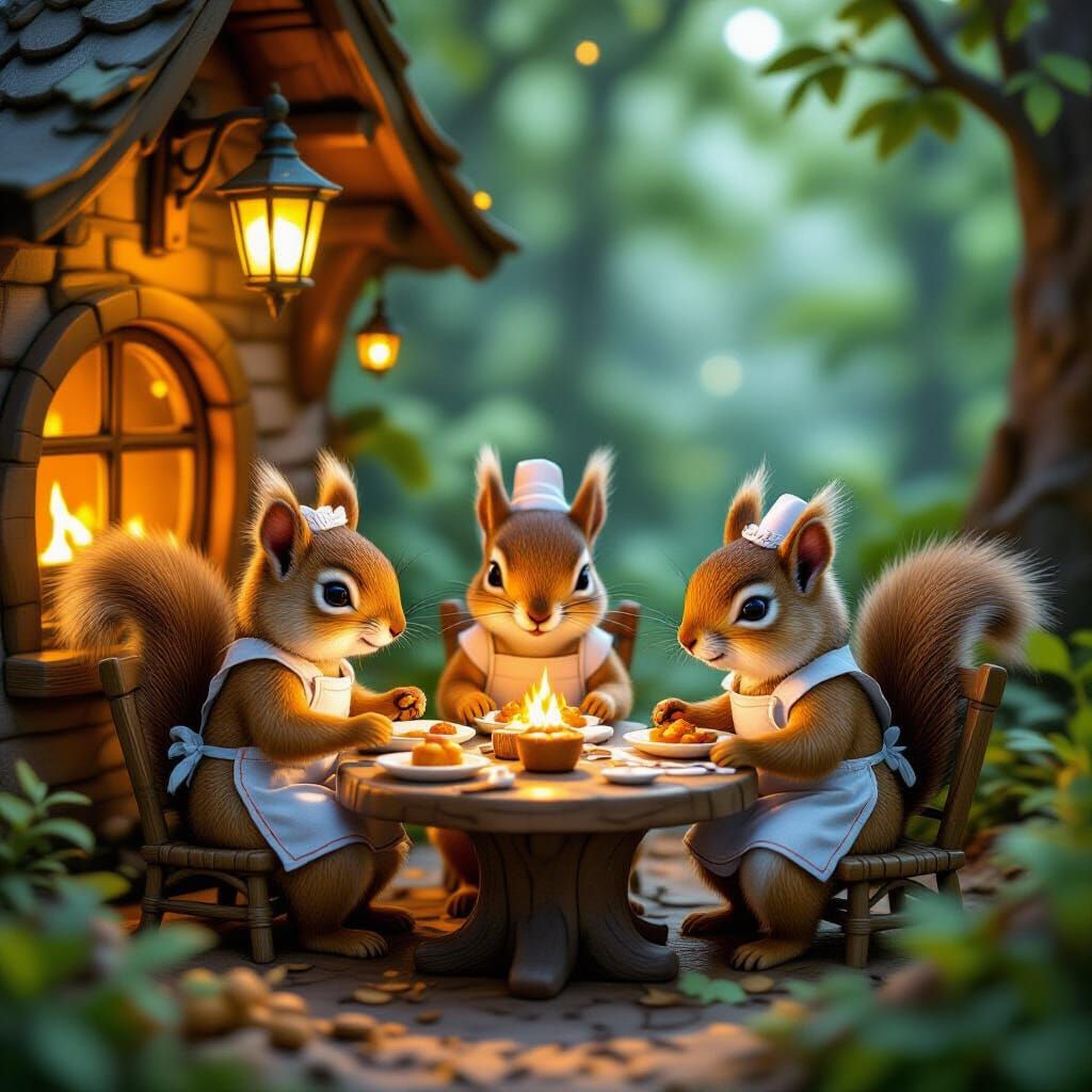Squirrels Run Acorn Restaurant in Hyperrealistic Style