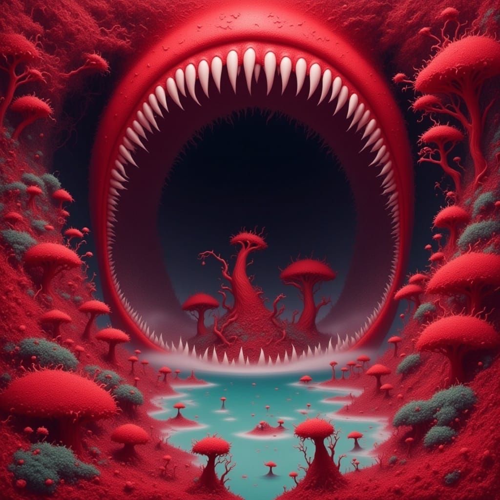<lora:RED RISING:1.0> Miniature red forest in a large sea monsters mouth