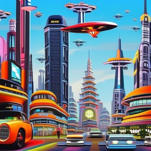 depicts the famous cityscape in the style of retrofuturism. ...
