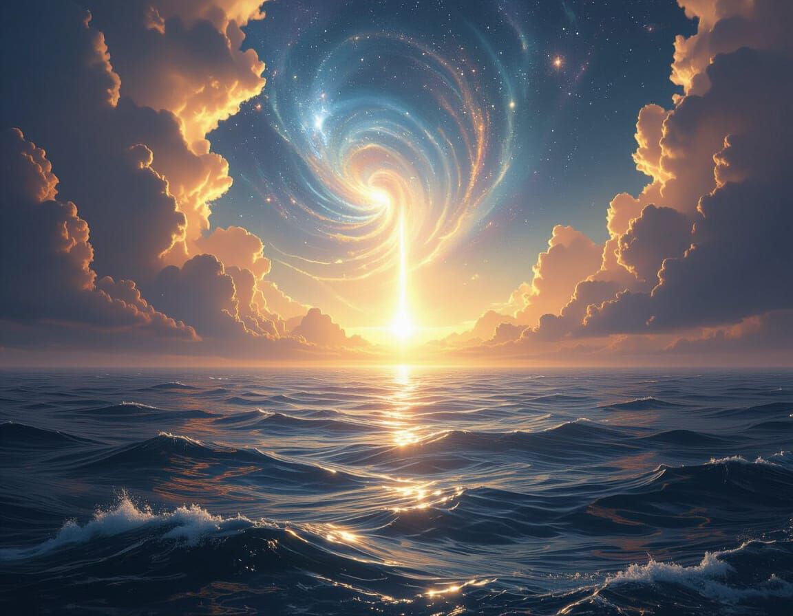 Cosmic creation scene — the void before time, swirling darkness over infinite ocean, divine energy moving across the waters.  
A powerful bu...