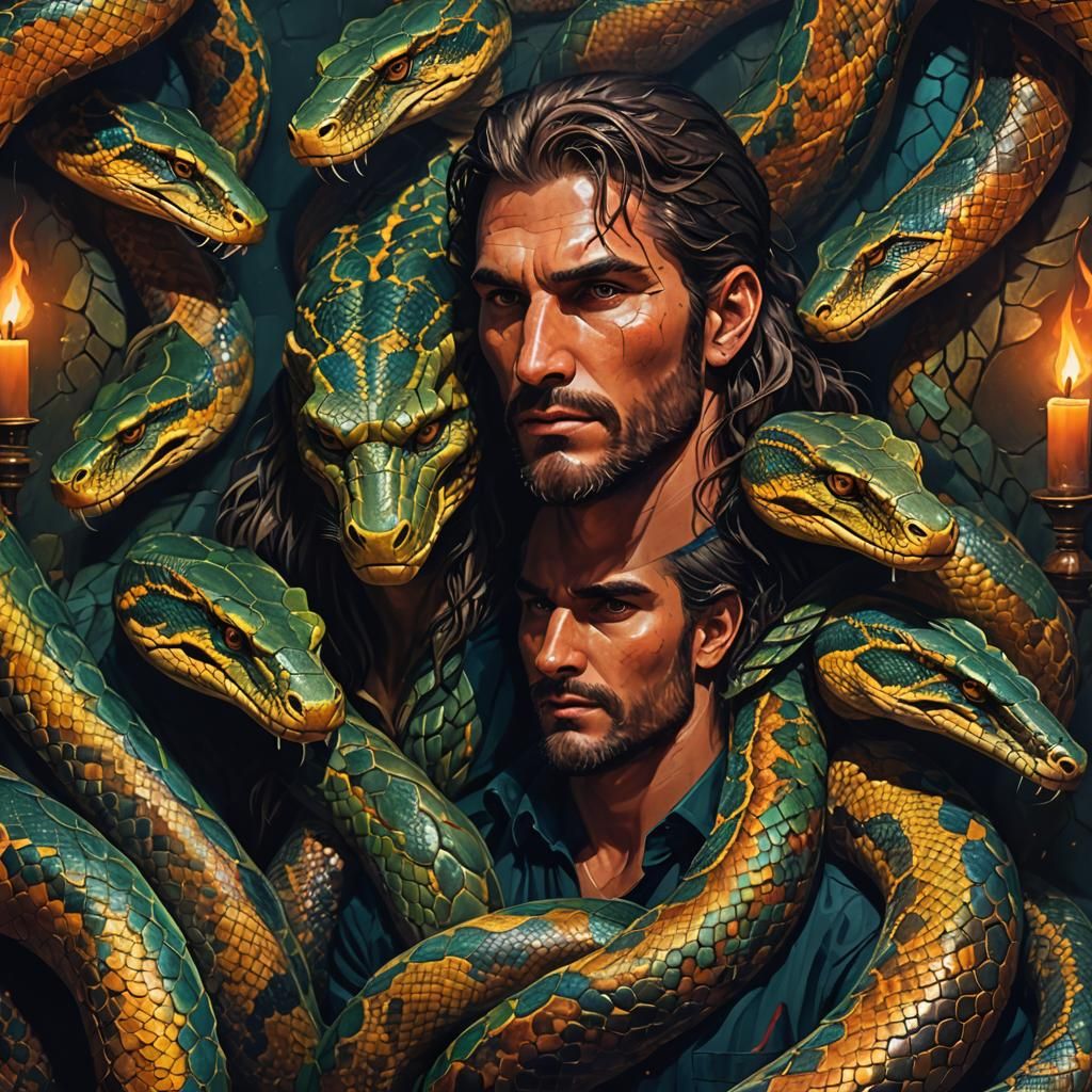 Intense Anaconda Men Portrait in Mythical Style