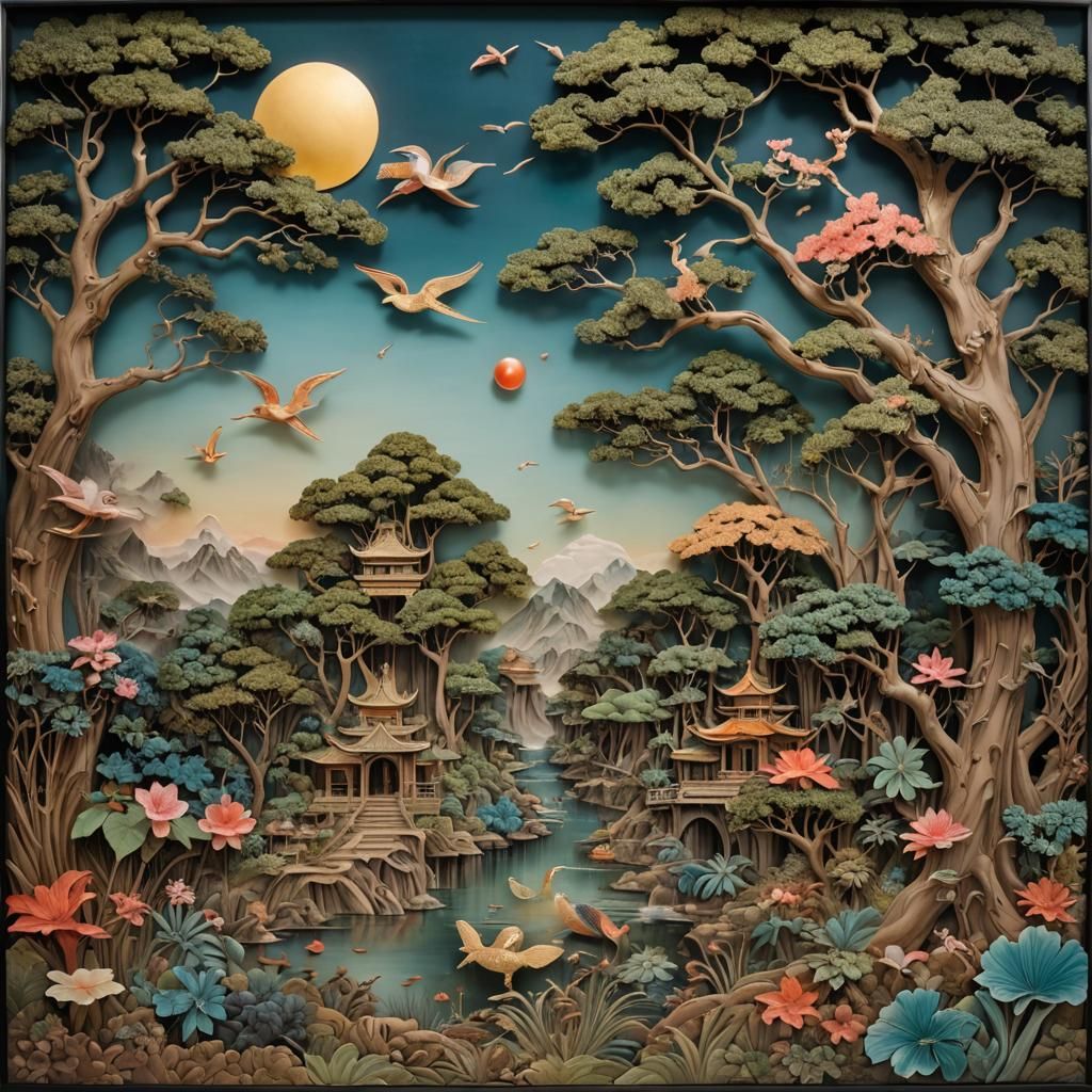 Eclectic Surrealist Fusion Spectrolite Asian Style Panel Dep...
