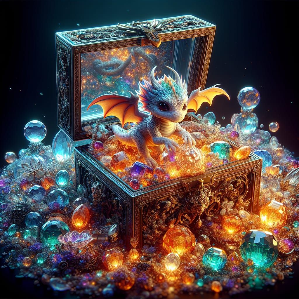 A cute miniature baby dragon sitting in a glass jewelry box ...