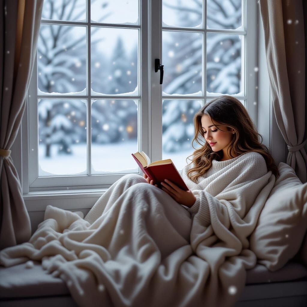Draw a girl curled up in a window seat with a book, wrapped in a thick blanket as snow falls outside.