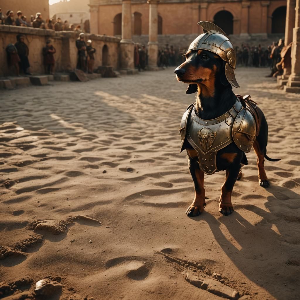 Victorious Dachshund Gladiator in Roman Arena