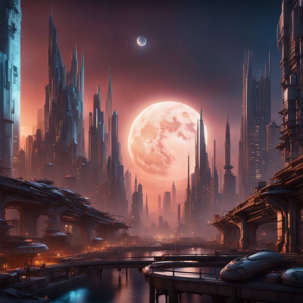 Futuristic cityscape under a dual moonrise - AI Generated Artwork ...