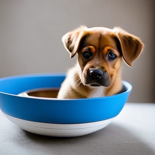 A happy puppy sitting in a bowl