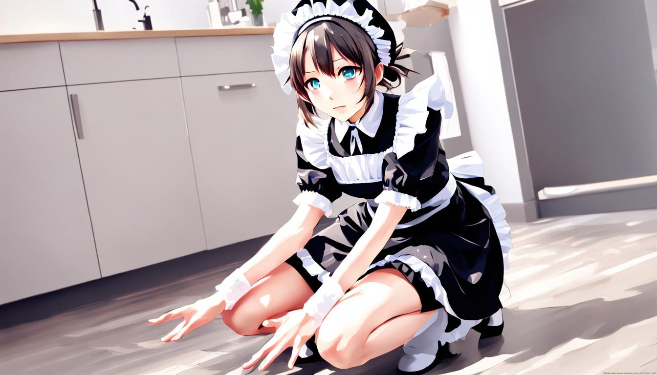 Anime girl in maid uniform kneeling looking at viewer, splash art, abstract  expressionism, 14k CG Wallpaper - AI Generated Artwork - NightCafe Creator