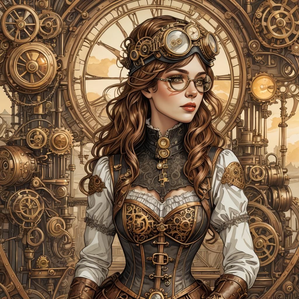 steampunk diva, corset, sprockets, aviator goggles painted i...
