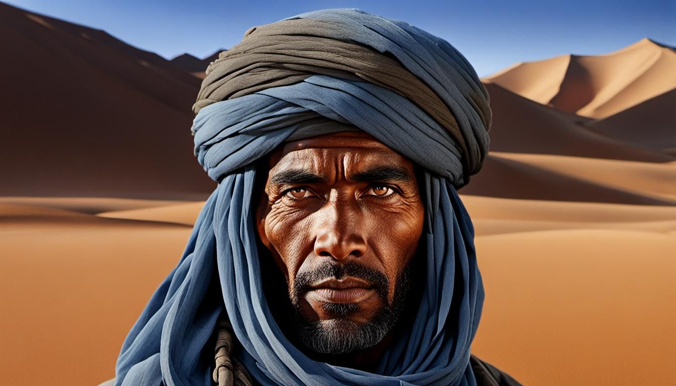 Create a 3D illustration of real Tuareg men with a sand back...