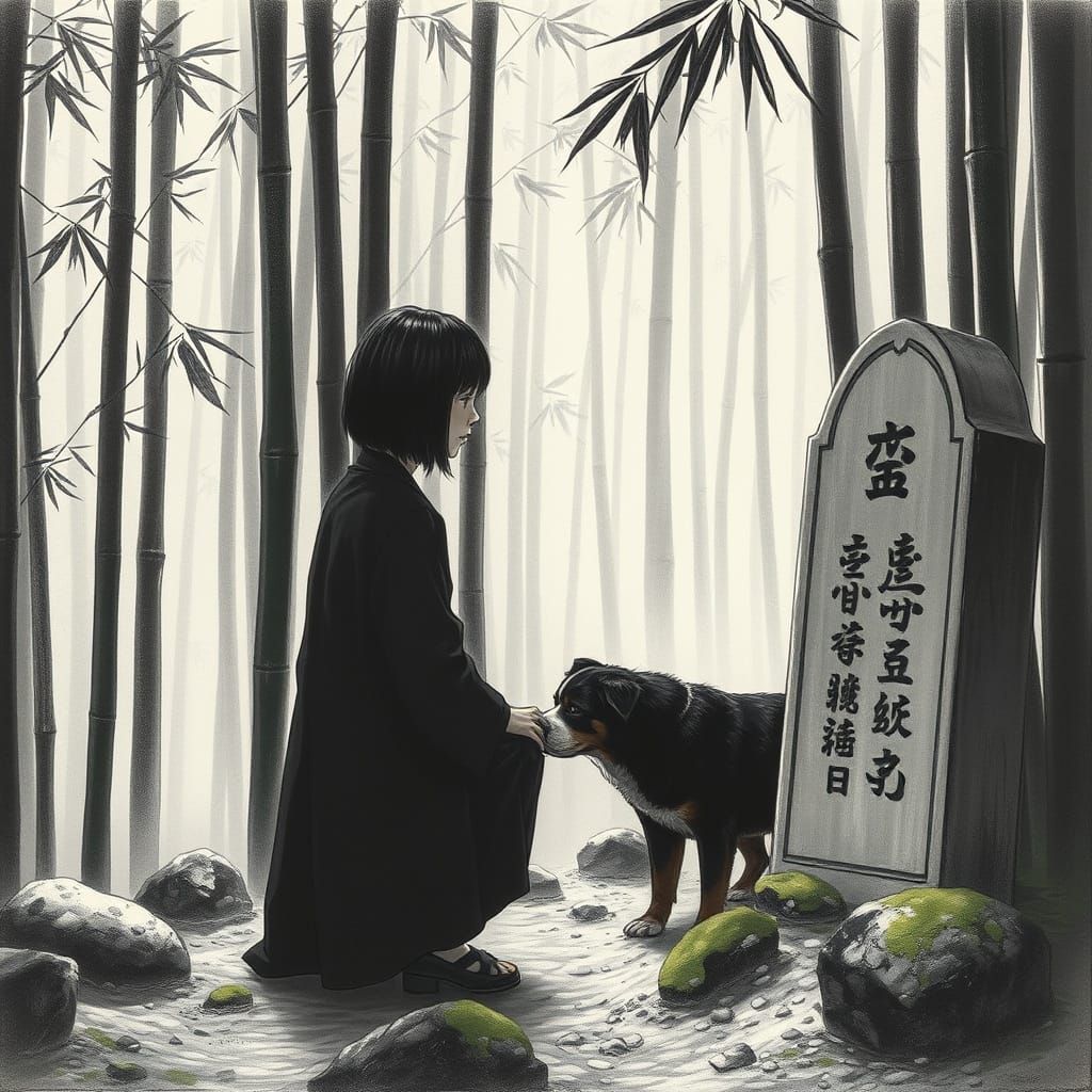 Serene Bamboo Garden with Woman and Ghost Dog