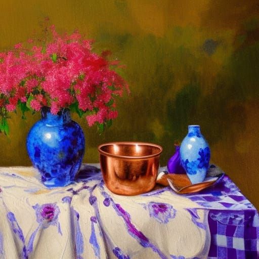 Copper bowl and bougainvillea