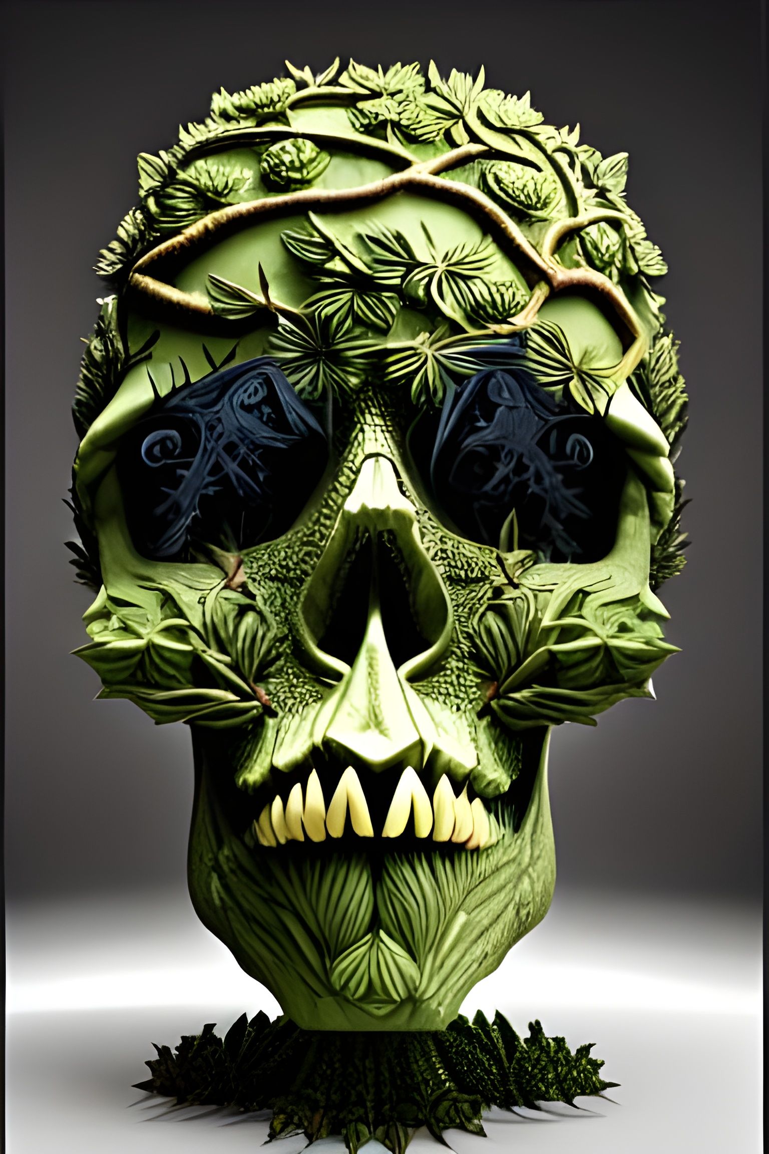 Intricate Green Skull Sculpture of Nature