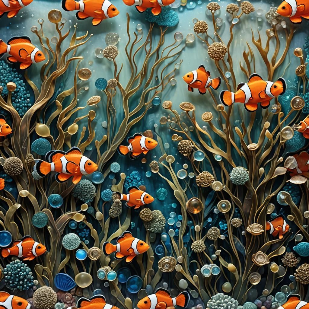 Giant clownfish, the scene is bathed in a mystical midday li...