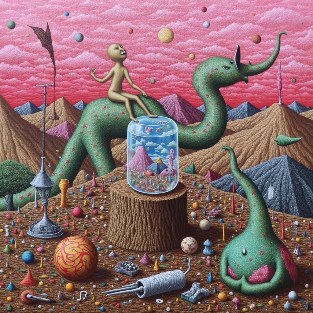 <lora:Surreal Sakamoto:1.0> pointillism, craquelure, folk art in pink, encaustic. creatures. surreal landscape, cluttered. people, fishbowl.