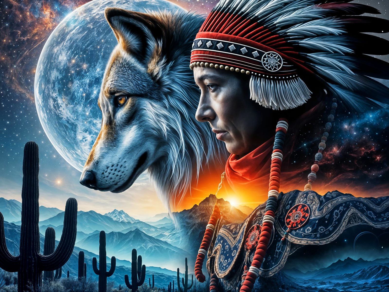 Double Exposure of a Native American Indian and a Wolf   by @Fiona Etkin 1974 