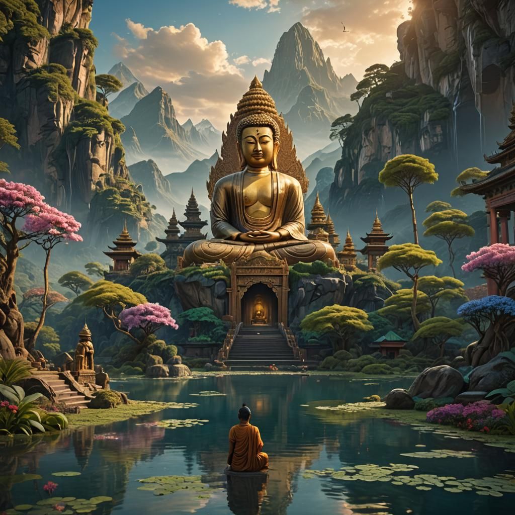Buddha and Subhuti in Ornate Landscape Painting