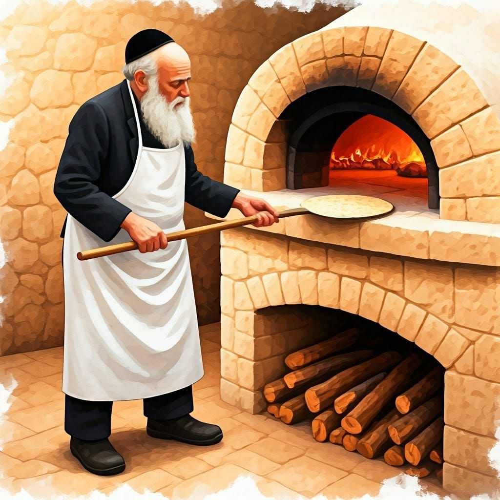 Traditional Haredi Jew Preparing Matzah in a Rustic Oven