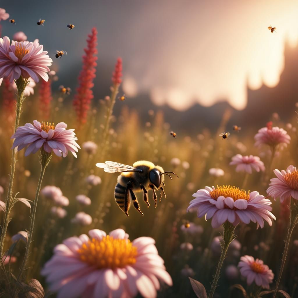 A small bee living in a field with  flowers