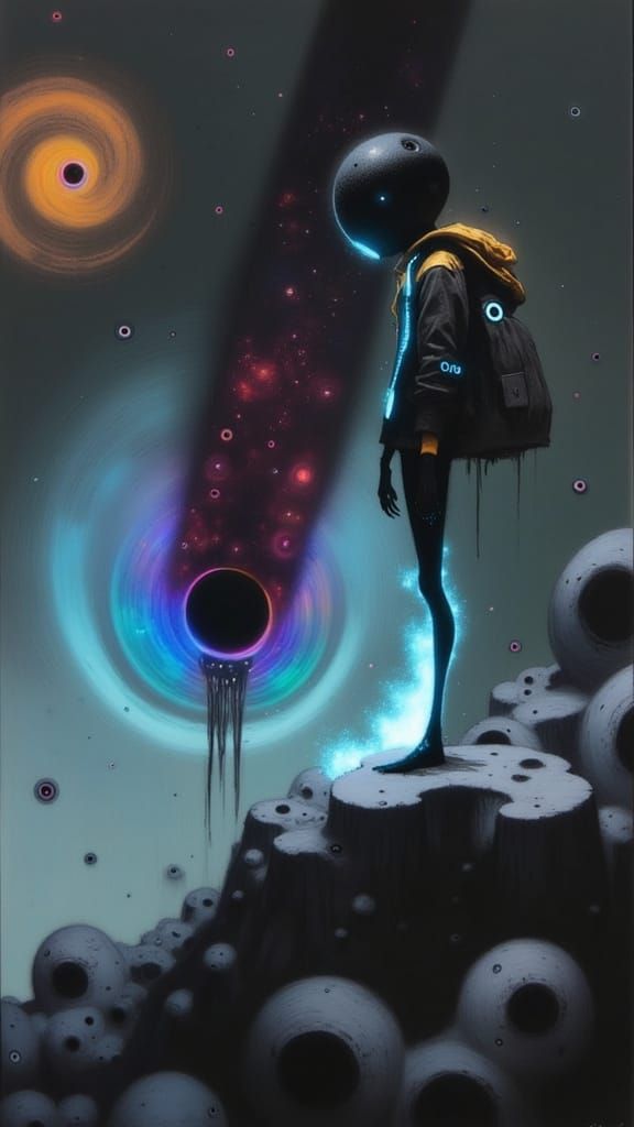 <lora:AmongTheDark:1.0>  a full body image of a sci fi humanoid robot with a glowing <yellow> eye standing in space with...