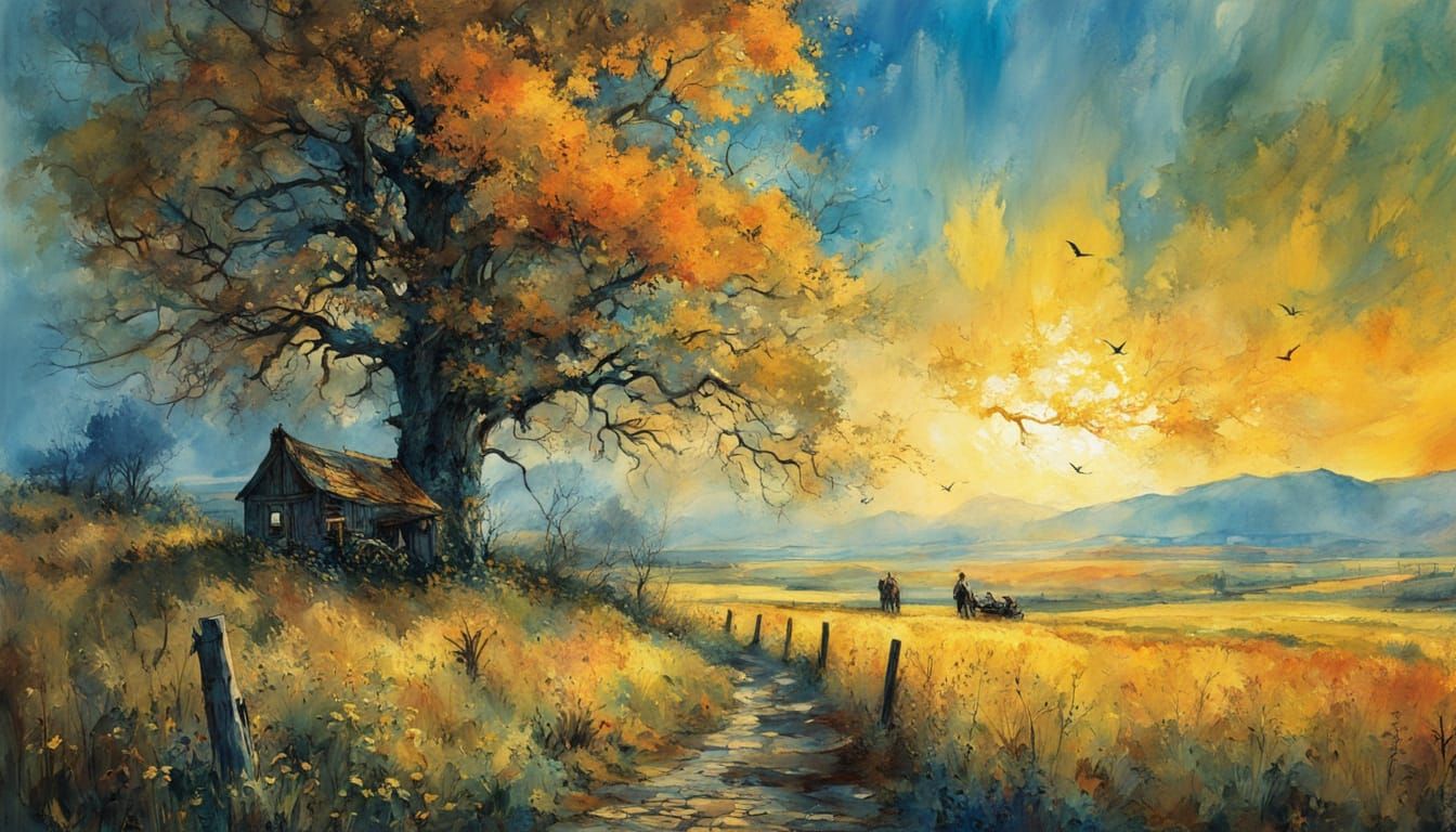 Rustic Tractor Amidst Whimsical Landscape in Dreamy, Waterco...