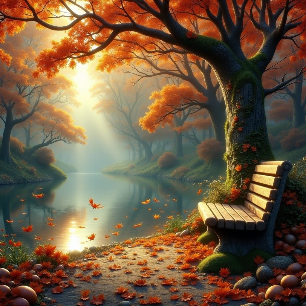 Autumnal landscape :: close shot of a weathered bench near a pond in an unkempt park. colorful leaves. swirling drifts of leaves. ethereal....