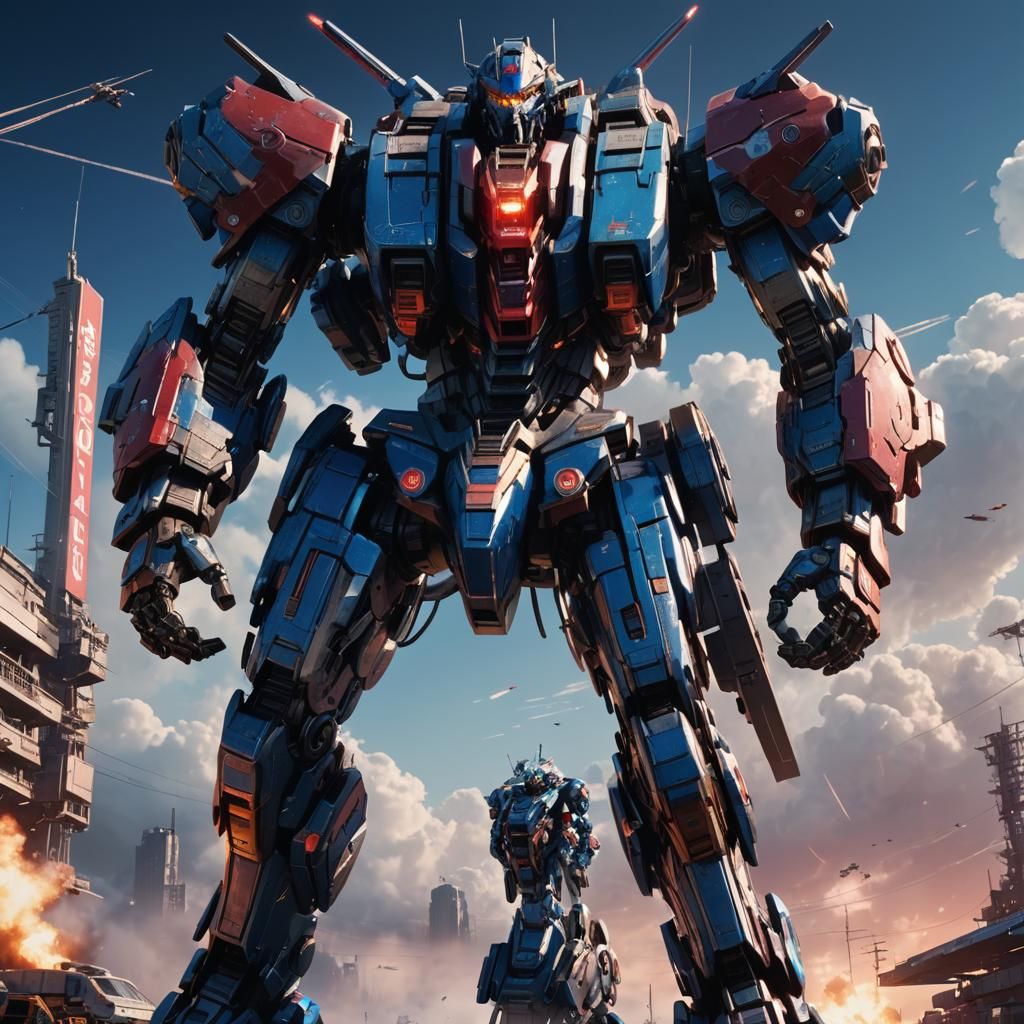 Full figure of a Macross-style Mech with futuristic elements and a temporal armor that allows him to fly along the timelines of the universe...