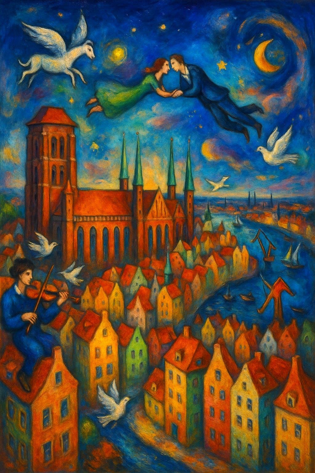 Panorama of Gdansk in the style of Chagall