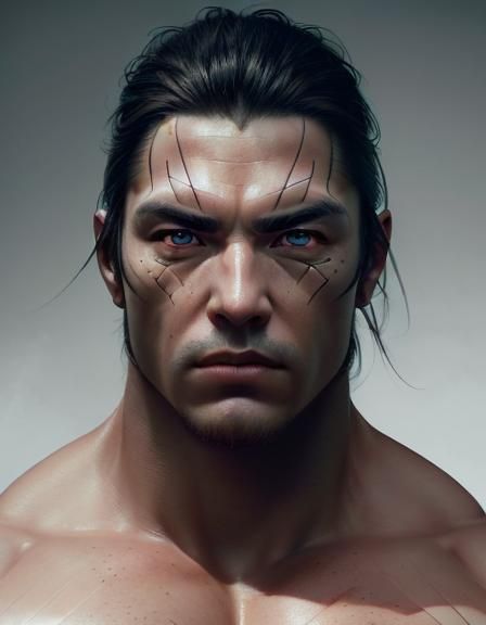 man, beautiful face and white eyes, skin,   massive muscle, ...