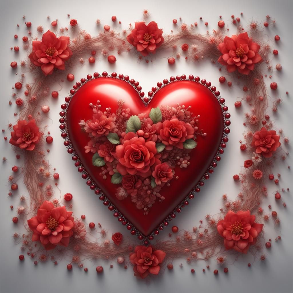 One red heart, with jagged and beaded edges, intertwined and...