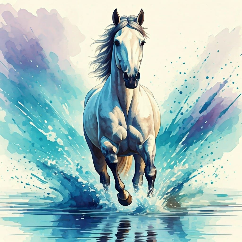 Galloping Horse in Watercolor with Colorful Splashes