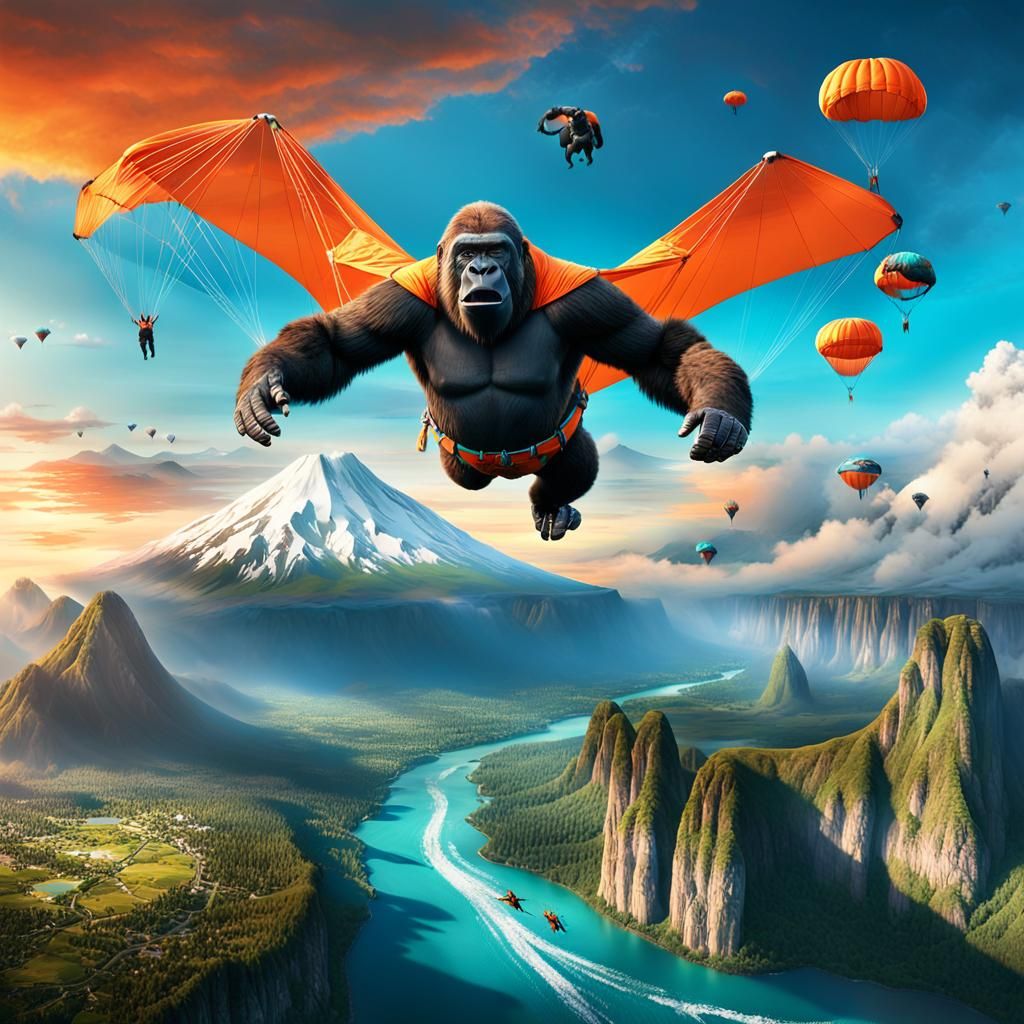 תמונת חזית מדהימה וסופר מגניבה של גורילת ענק ססגונית ועליזה מרחפת מעדנות במצנח רחיפה המחובר אליה על ידי רתמות חזקות וברק...