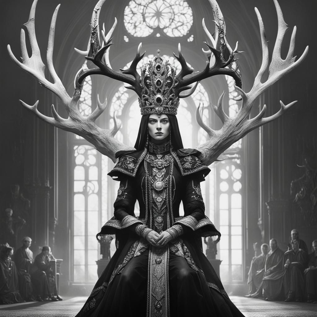 Queen Enma, deer antlers, huge black and white wing, jeweled...