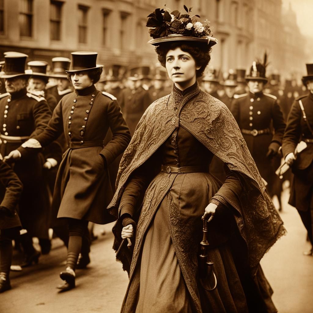 Young Emmeline Pankhurst, during a suffragette march that clashed with the police in 1908, 8k resolution ...  by @Emanu1