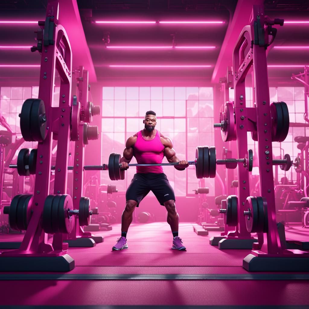 A weightlifting gym, pink gym, with strong man using pink du...